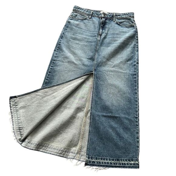 Wrangler Raw Hem Boho Denim Maxi Skirt Size 8 | 32 Front Slit Classic Wash EUC - Picture 1 of 9